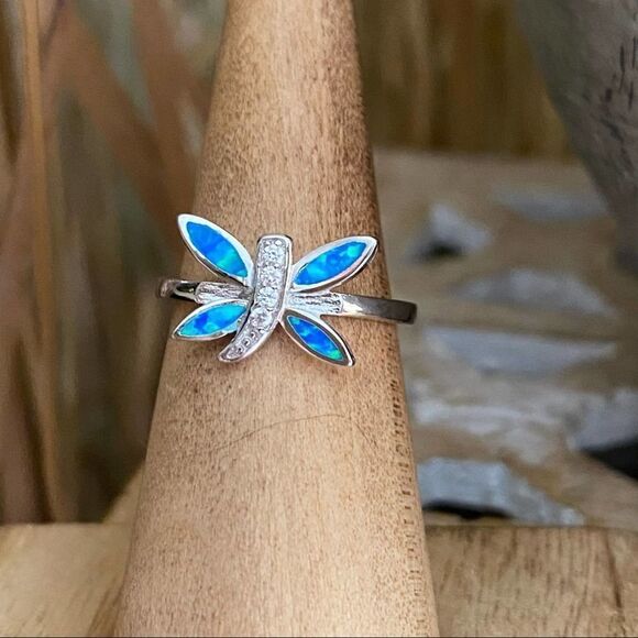 Dragonfly Blue Opal & Cz Sterling Silver Ring 5,6 - Picture 2 of 5